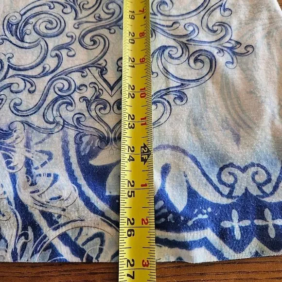 Style & Co Blue White Patterned Top XL Sparkle Embellished Boho Chic Vacation - Picture 9 of 9